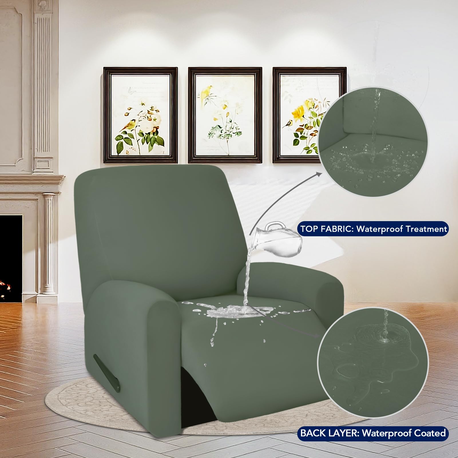 Purefit 100% Dual Waterproof Recliner Cover, Waterproof Couch Cover For Recliner - Stretch Non Slip Fleece Sofa Covers Washable, Leakproof Furniture Protector For Kids, Pets (Recliner, Grayish Green)