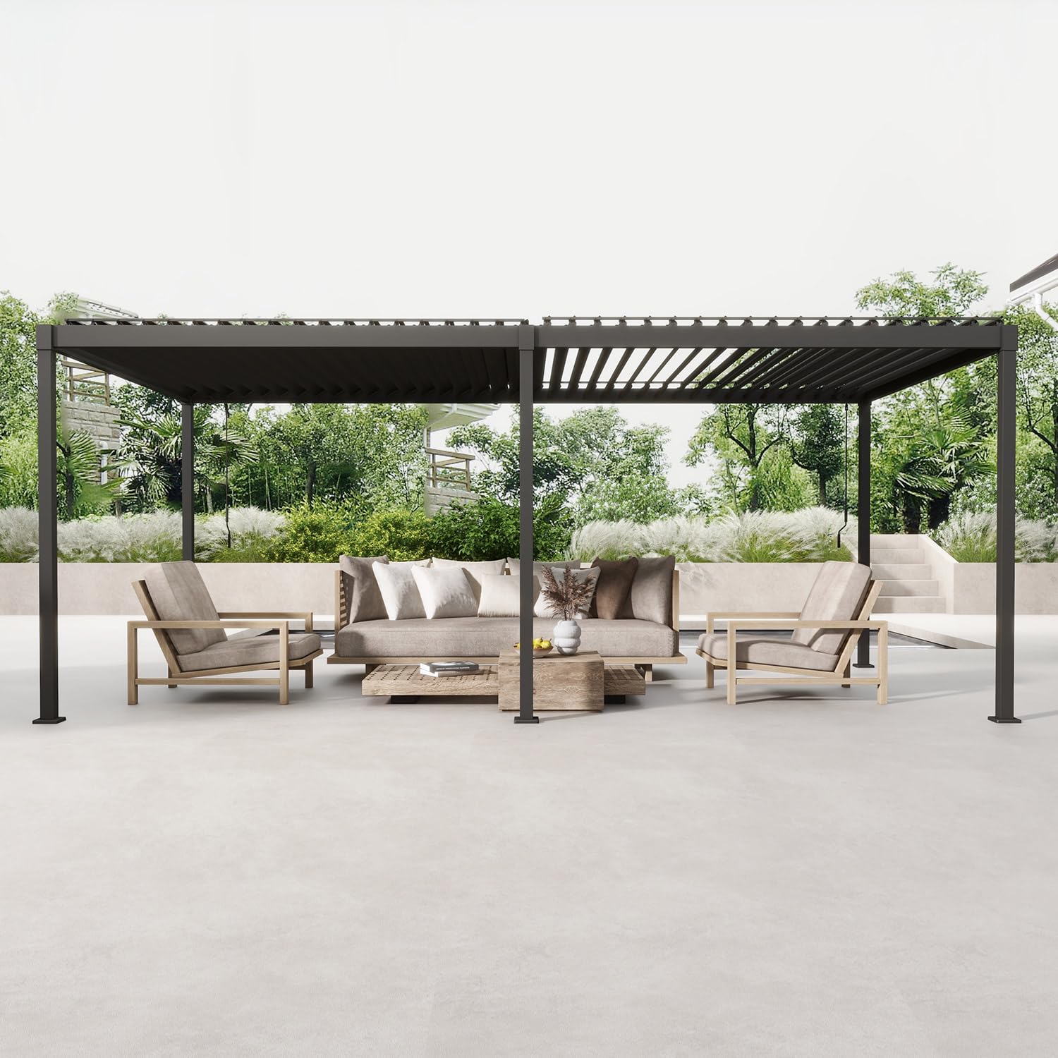 Mirador 80S Louvered Pergola 10' X 20', Modern Style With Adjustable Louvers And Integrated Drainage System For Deck Garden Yard