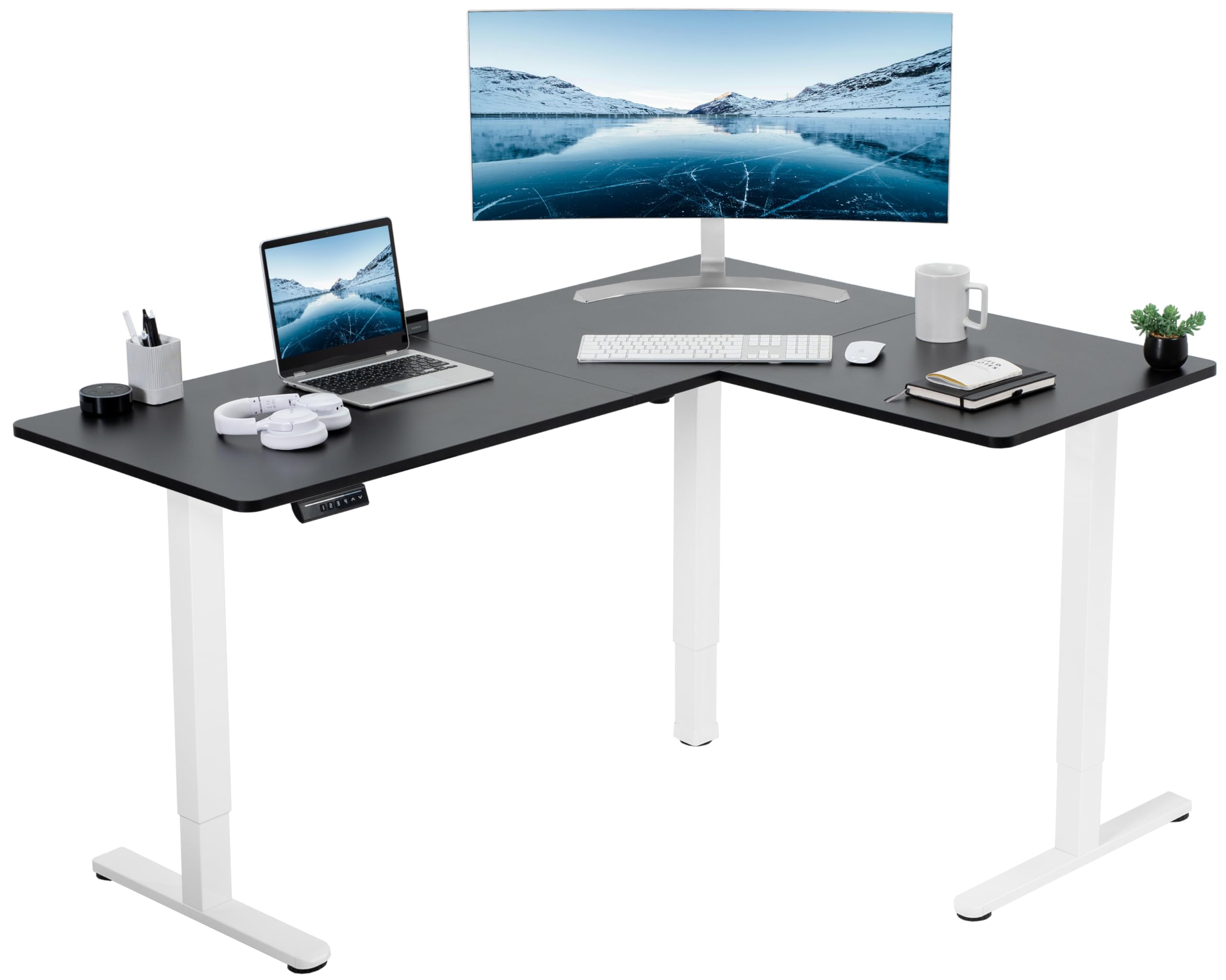 VIVO Electric Corner 63 x 47 inch L-Shaped Standing Desk, Memory Height Adjustment, Black Top White Frame, DESK-E3CTWB-47