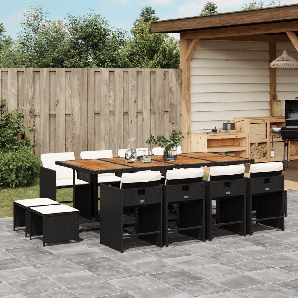 vidaXL Patio Dining Set - 13 Piece, Black Poly Rattan, Acacia Wood Tabletop, Cushions Included, Foldable Storage
