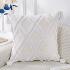 Panod Super Soft Farmhouse Decorative Plush Throw Pillow Covers 24 X 24 White,Solid Diamond Pattern Tufted With Tassels Modern A