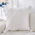 Panod Super Soft Farmhouse Decorative Plush Throw Pillow Covers 18 X 18 White,Solid Diamond Pattern Tufted With Tassels Modern A