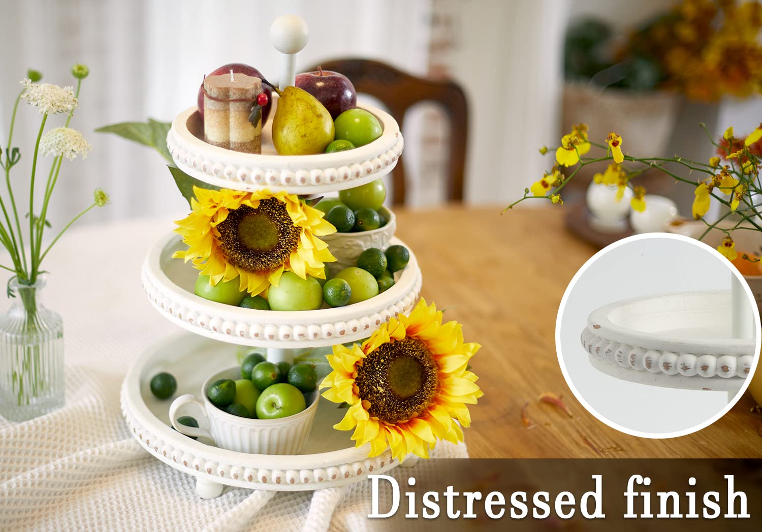 SwallowLiving Farmhouse 3 Tier Tray - White Wooden Stand, 12.4"x12.4"x16.5" for Home & Kitchen Decor