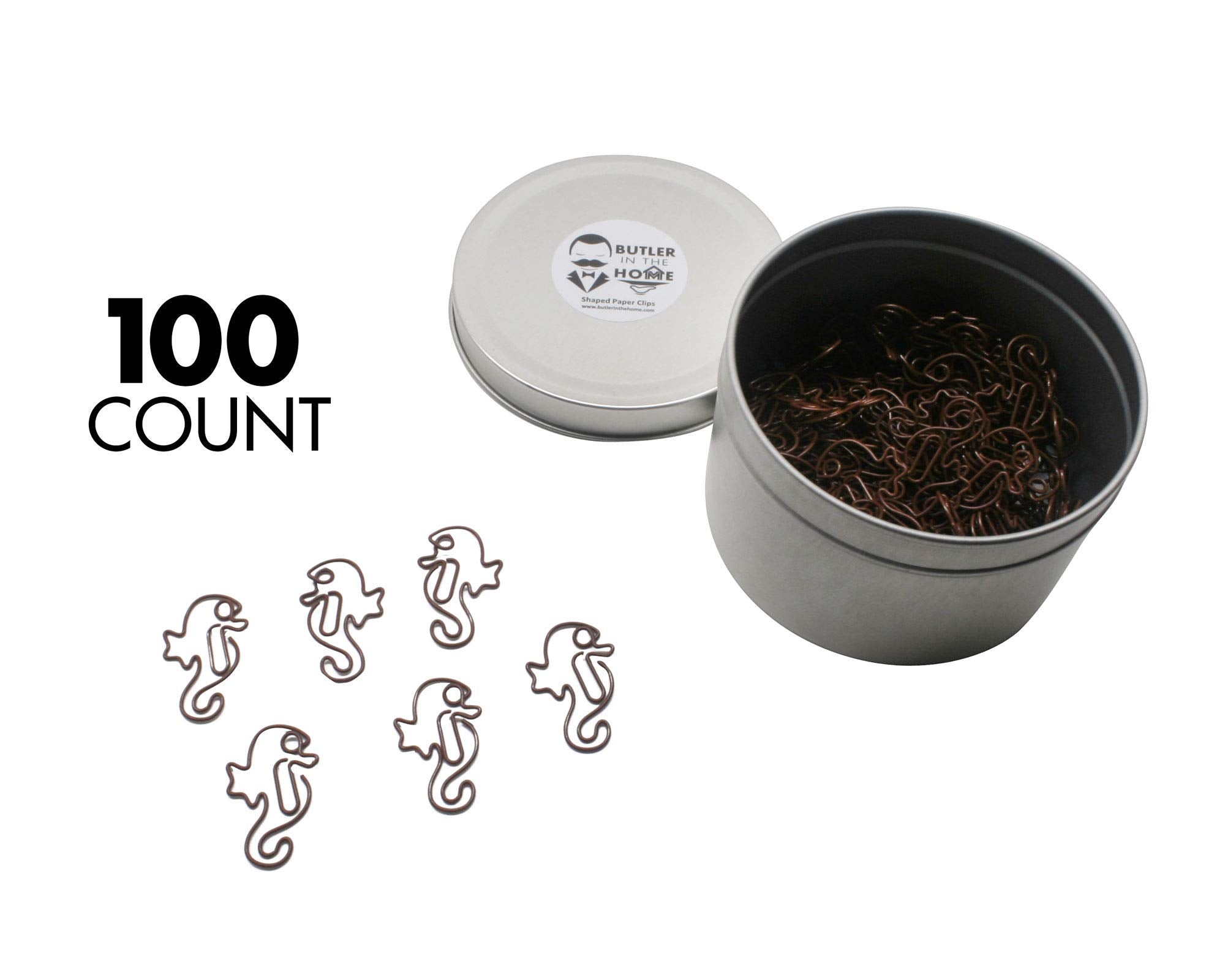 Butler In The Home 100 Count Seahorse Shaped Paper Clips Great For Paper Clip Collectors Or Office Gift - Comes In Round Tin Wit