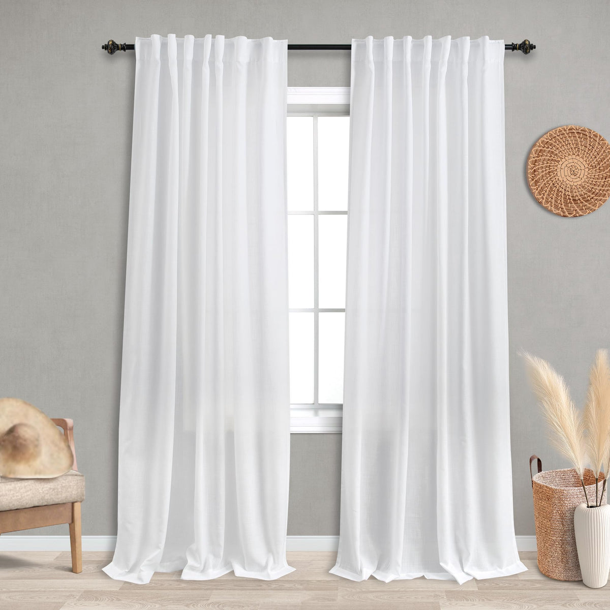 Koufall White Back Tab Rod Pocket Linen Sheer Curtains 60 By 90 For Bedroom