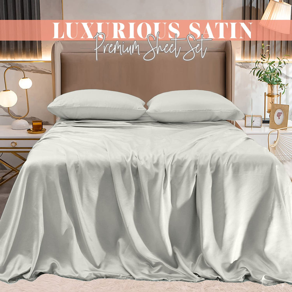 Elegant Comfort Luxurious 4-Piece Silky Satin Sheet Set, Skin And Hair Friendly, Wrinkle, Fade, Stain Resistant With Deep Pockets Fitted Sheet, Cooling Soft Satin Sheet Set, Queen, Light Jade