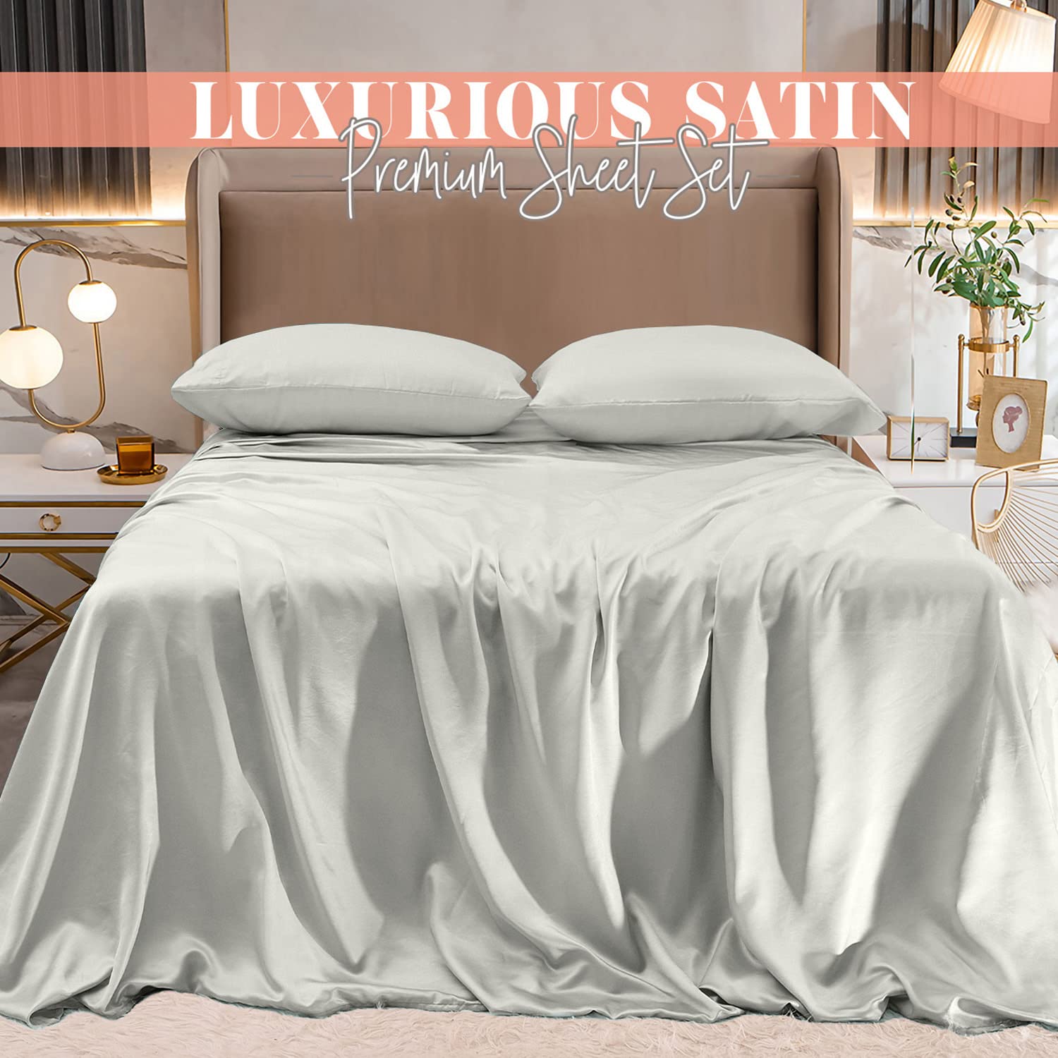Elegant Comfort Luxurious 4-Piece Silky Satin Sheet Set, Skin And Hair Friendly, Wrinkle, Fade, Stain Resistant With Deep Pockets Fitted Sheet, Cooling Soft Satin Sheet Set, Queen, Light Jade