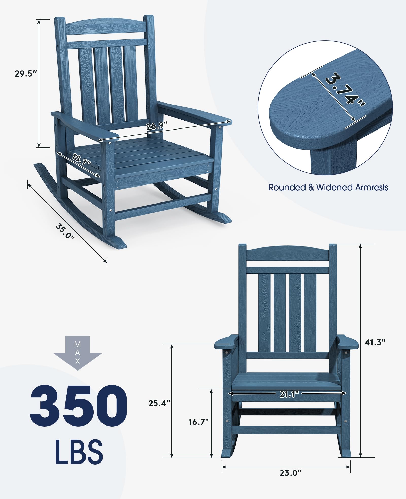 Kingyes Oversized Outdoor Rocking Chair Set Of 4, High Density Polyethylene Patio Rocking Chairs With 350Lbs Support For Adults, Blue