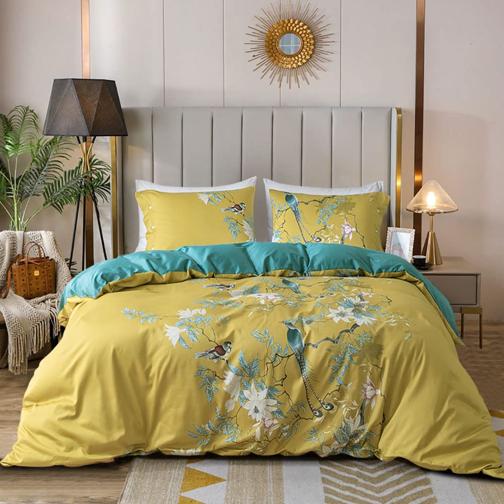 Eavd Vintage Garden Botanical Flower Cute Birds Pattern Duvet Cover King Cotton Yellow Chic Floral Tree Branches Printed Bedding