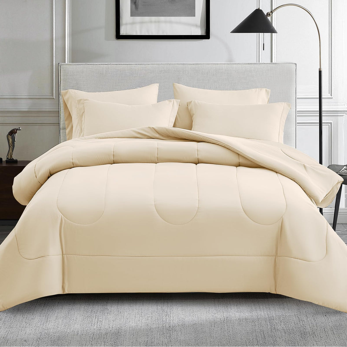 Maple&Stone California King Comforter Set Cream, 7 Pieces Bed In A Bag - Down Alternative Bed Set With Comforter, Sheets, Pillow