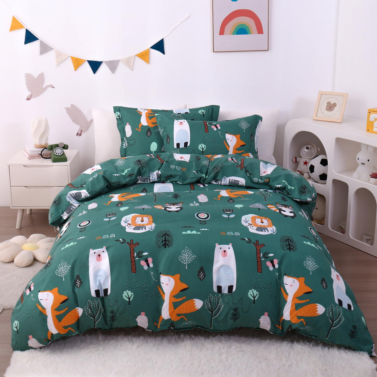 Jsd Green Forest Animal Kids Duvet Cover Set Twin Size, 2 Piece Soft Printed Microfiber Comforter Cover With Pillow Sham Zipper