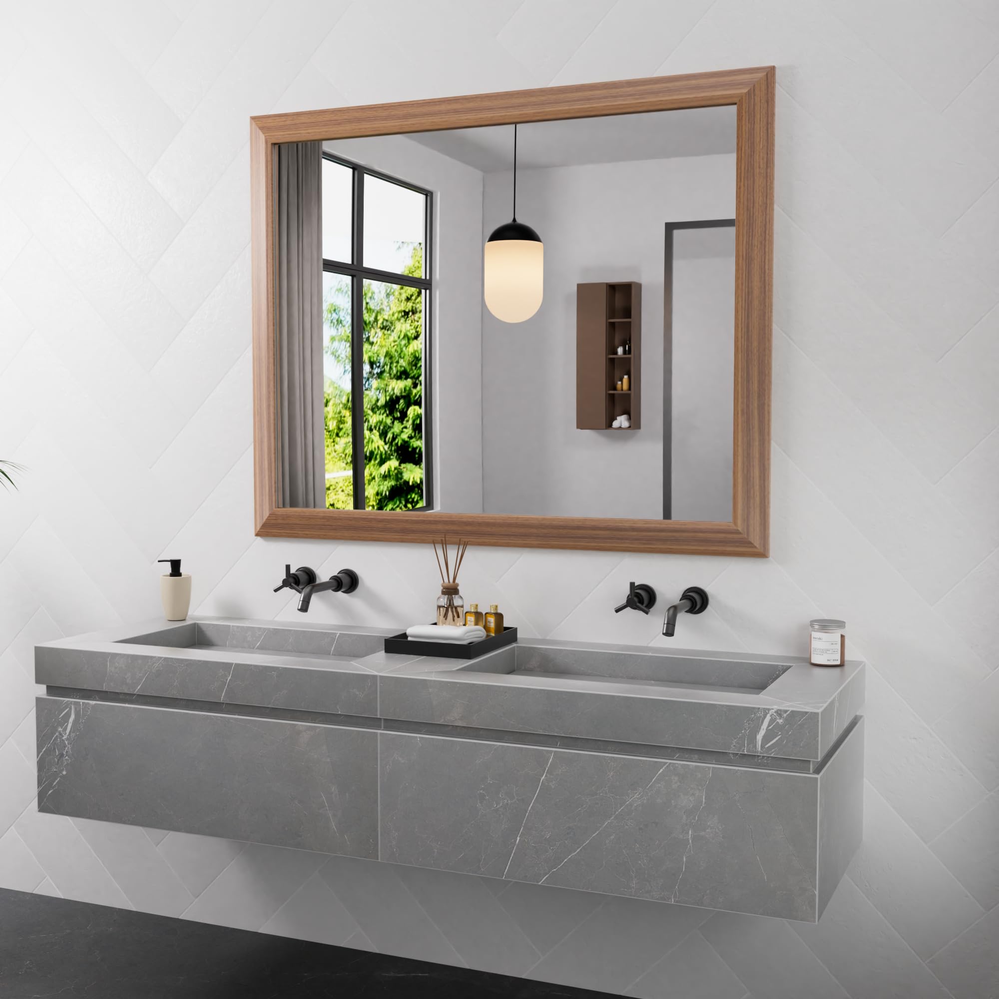 Amorho Bathroom Mirror, 40x32 Inch Wall Mirror, Walnut Wood Grain Metal Framed, Anti-Rust, Hang Horizontally/Vertically, Suitabl
