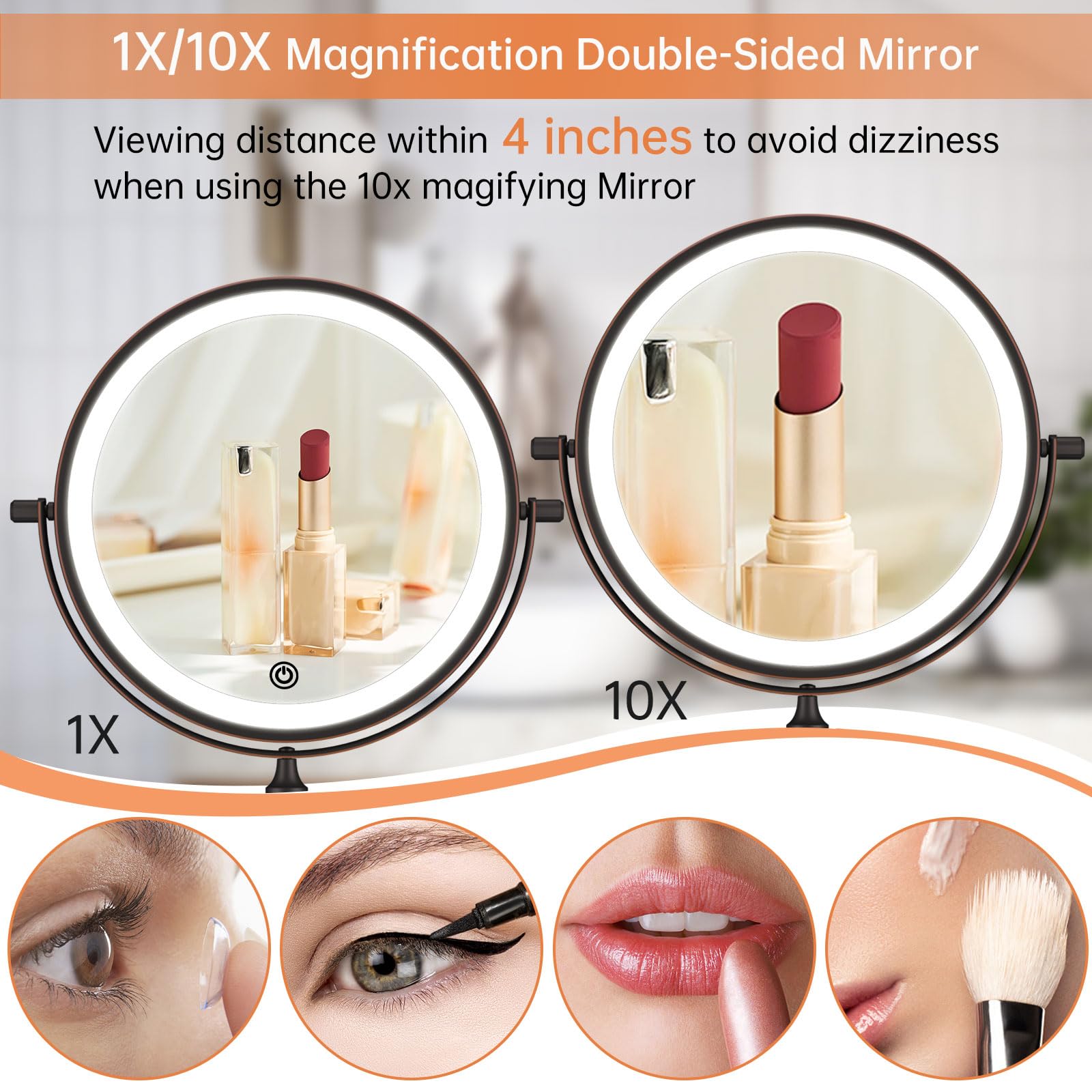 Rechargeable Wall Mounted Lighted Makeup Vanity Mirror 8 Inch Double Sided 1X 10X Magnifying Bathroom Mirror, 3 Color Lighting,