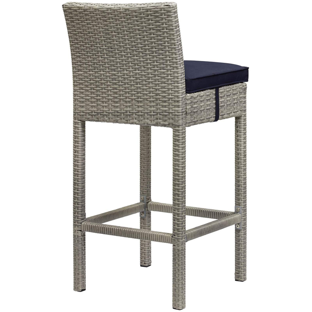 Modway Conduit Wicker Rattan Outdoor Patio Bar Stool with Cushion in Light Gray Navy
