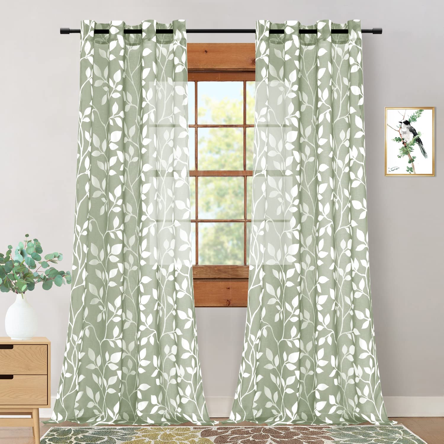 XTMYI 108 Inches Long Sheer Curtains for Living Room 2 Panels Set,Grommet Boho Leaf Floral Pattern Extra Long 9FT High Ceiling t