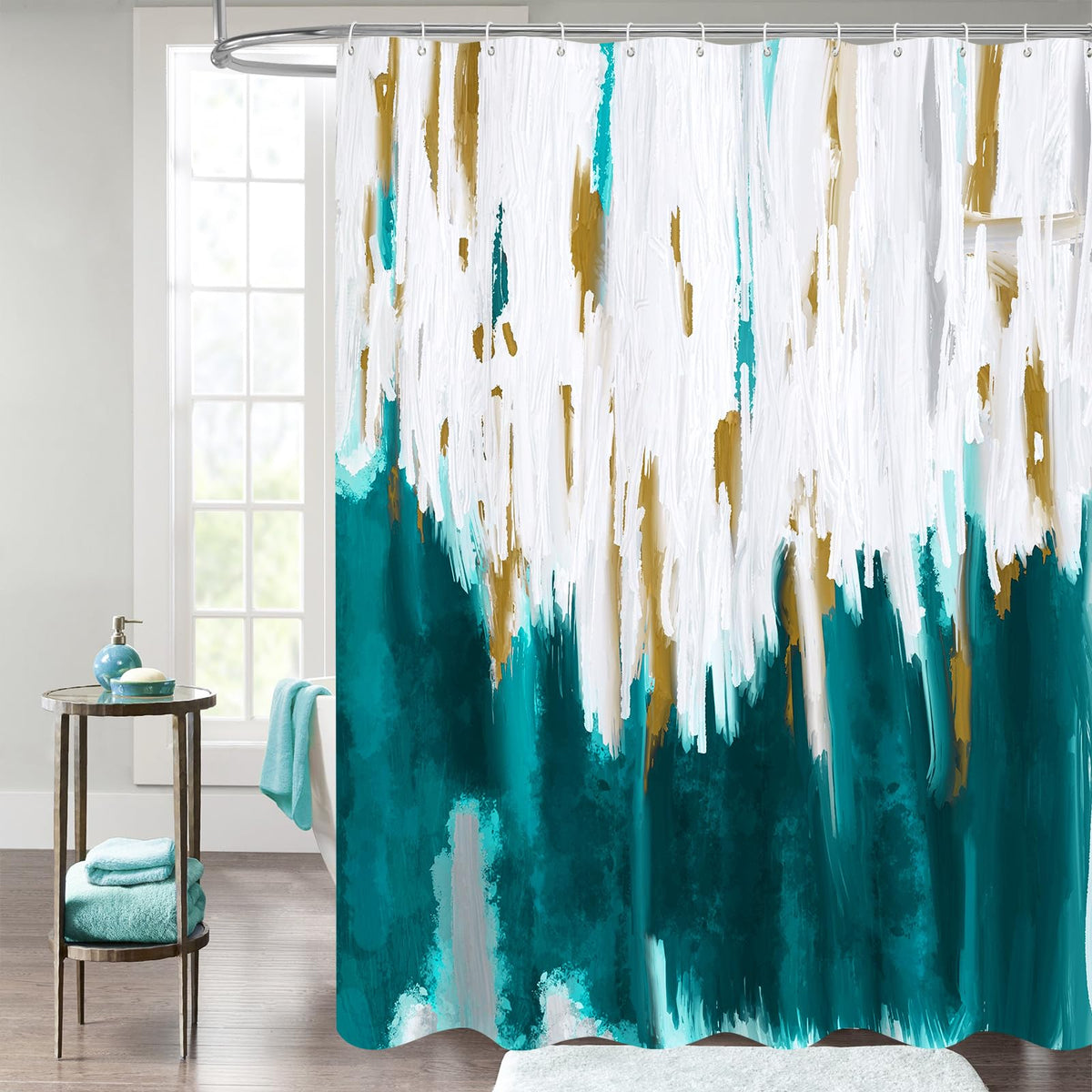 Mitovilla Teal Blue Shower Curtain, Graffiti Ombre Fabric Shower Curtains For Modern Abstract Bathroom Decor, Brush Strokes Oil