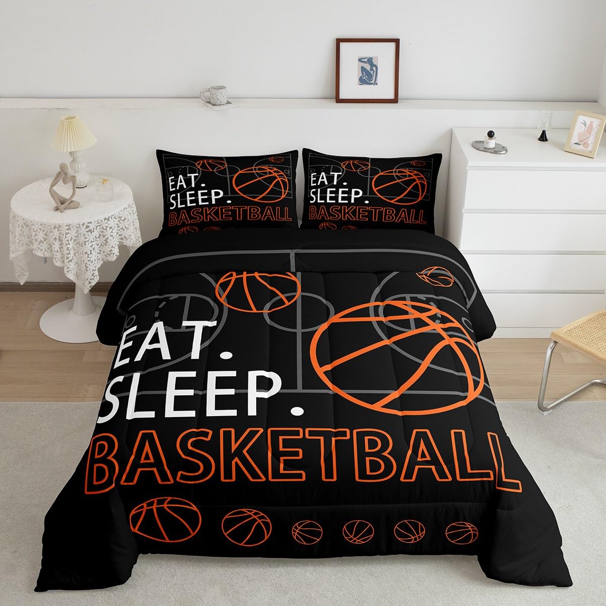 Feelyou Basketball Comforter Set Black Orange Bedding Set for Kids Boys Girls Basketball Pattern Comforter King Size Sport Game 