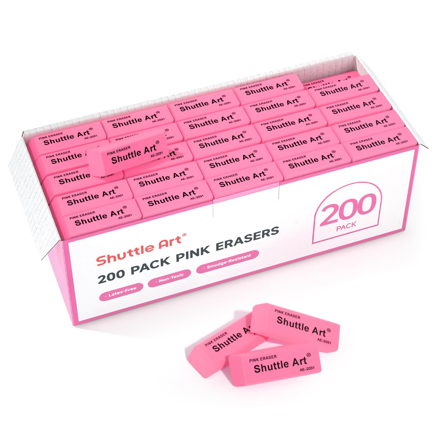 Pink Erasers, Shuttle Art 200 Pack Pink Erasers Bulk For School, Office, Latex-Free Soft Erasers For Kids, Teachers As School Su