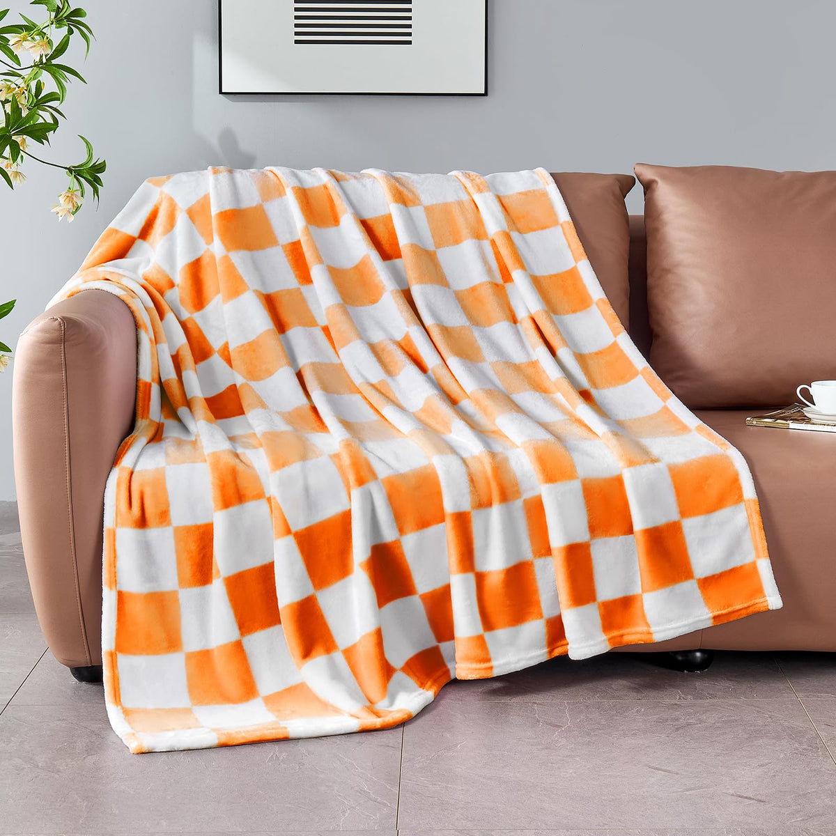 Edenleaf Orange Checkered Blanket, Soft Cozy Fleece Checkered Throw Blanket For Bed Sofa Couch Camping, Ultra Fluffy Throw Blank