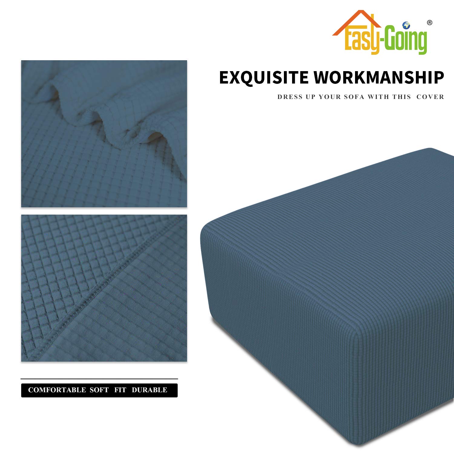 Easy-Going Stretch Ottoman Cover Folding Storage Stool Furniture Protector Soft Rectangle Slipcover With Elastic Bottom (Medium,Bluestone)