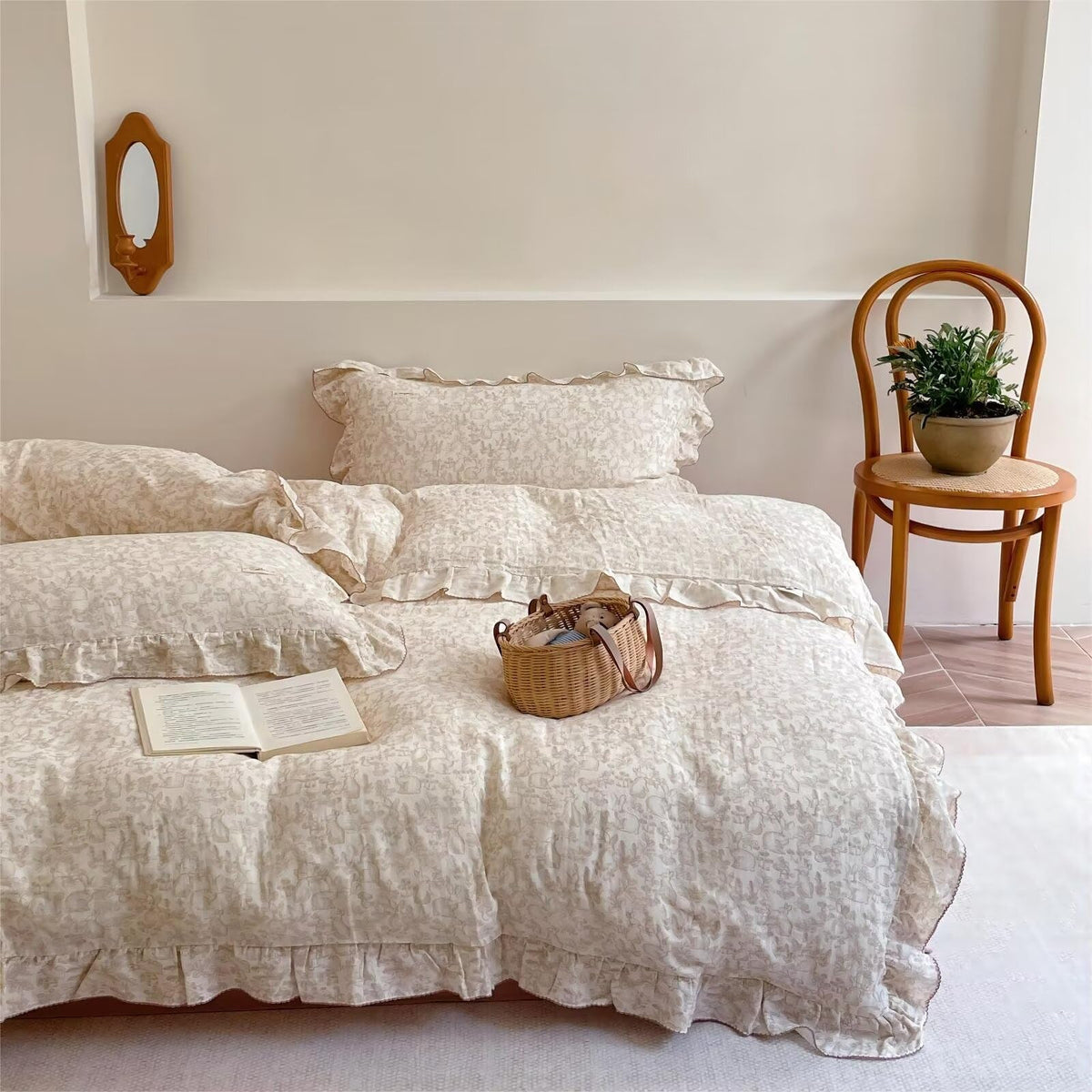 Bulutu Rabbit Duvet Cover Full Size Kids Duvet Cover 79'X90' Muslin Cotton Quilt Cover With Chic Ruffles, Girls Comforter Cove