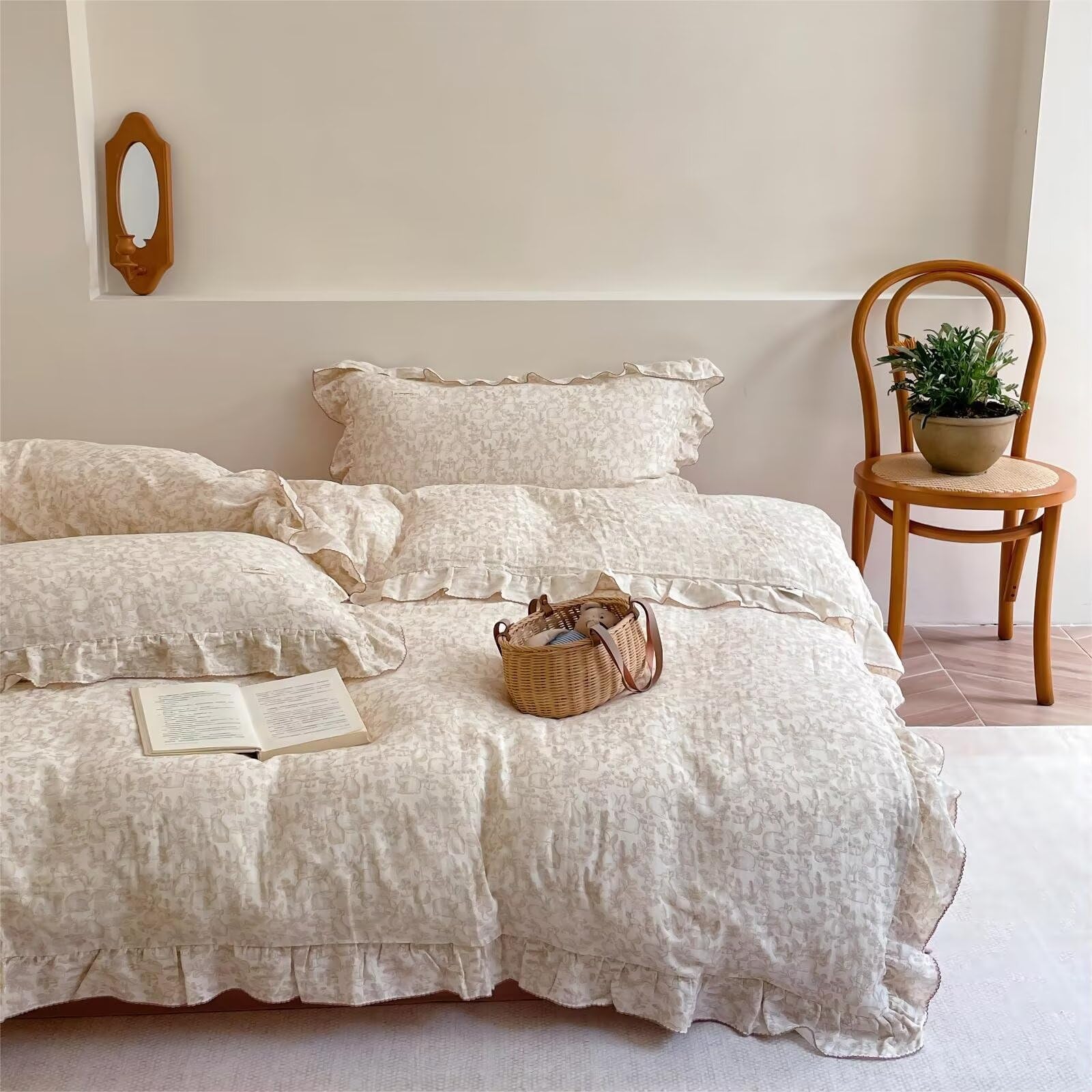 Bulutu Rabbit Duvet Cover Full Size Kids Duvet Cover 79'X90' Muslin Cotton Quilt Cover With Chic Ruffles, Girls Comforter Cove
