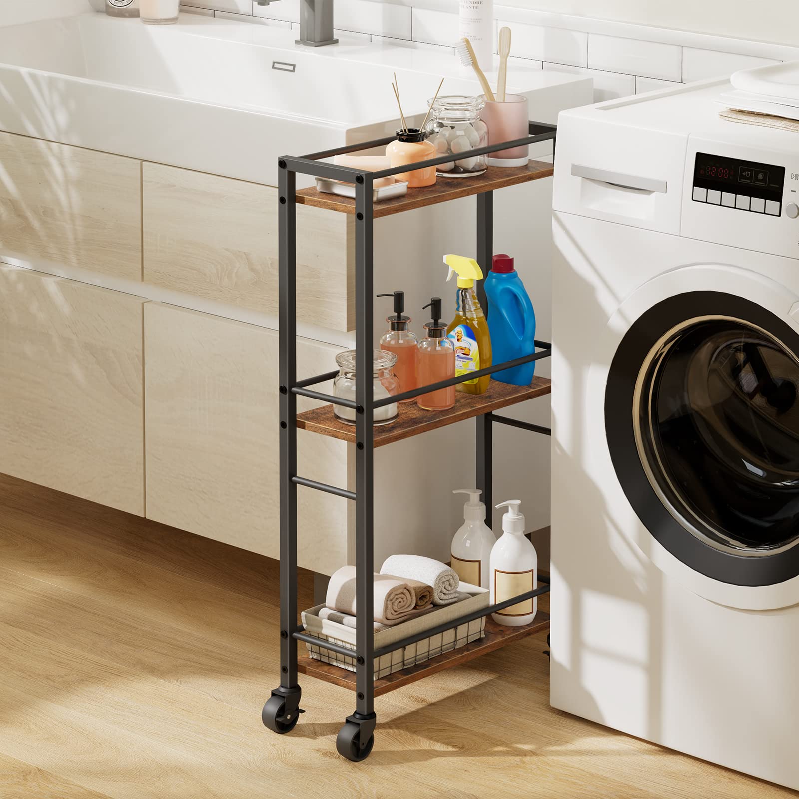 Mahancris Slim Rolling Cart, Mobile Kitchen Cart On Wheels, Narrow Storage Cart For Small Space, Wooden Service Cart, For Bathro