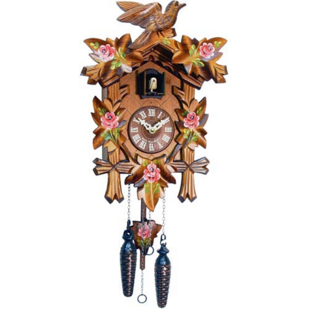 Carved Bird And Pink Roses Cuckoo Clock