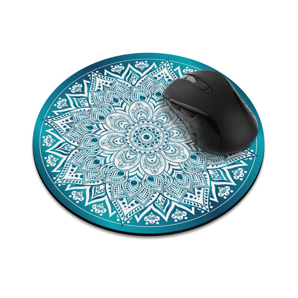 Non-Slip Round Mousepad, Wirester Teal & White Mandala Mouse Pad For Home, Office And Gaming Desk
