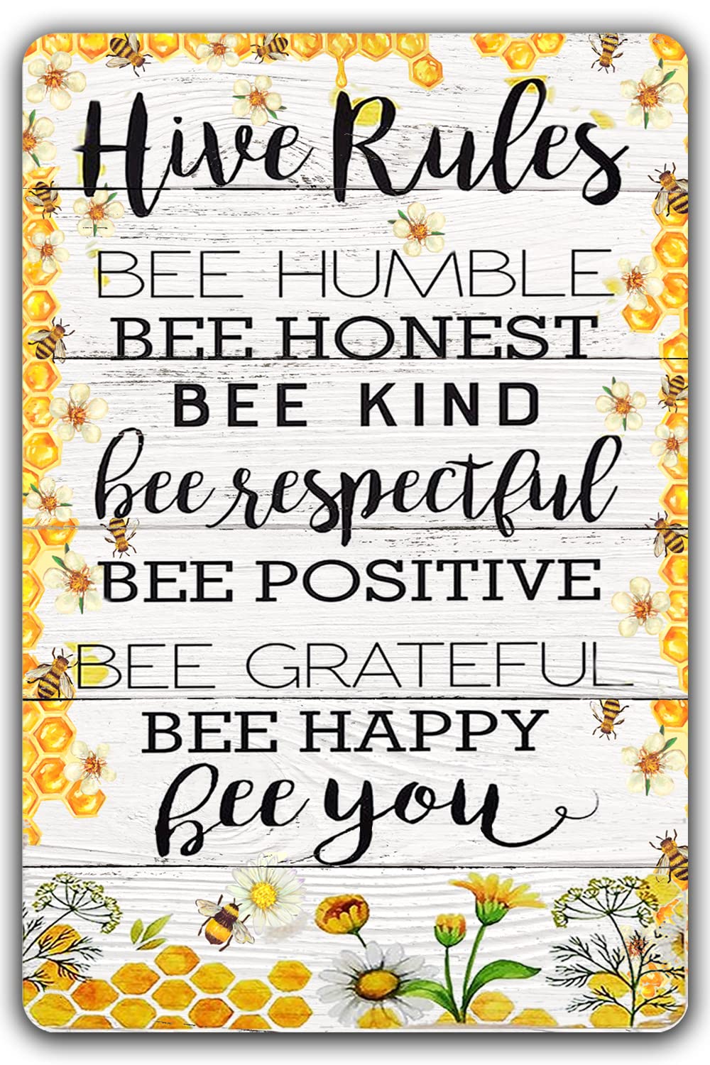 Bee Garden Decor Farm Hive Rules Tin Sign Vintage Bumble Bee Kitchen Wall Decor Classroom Inspirational Metal Signs Bee Humble B