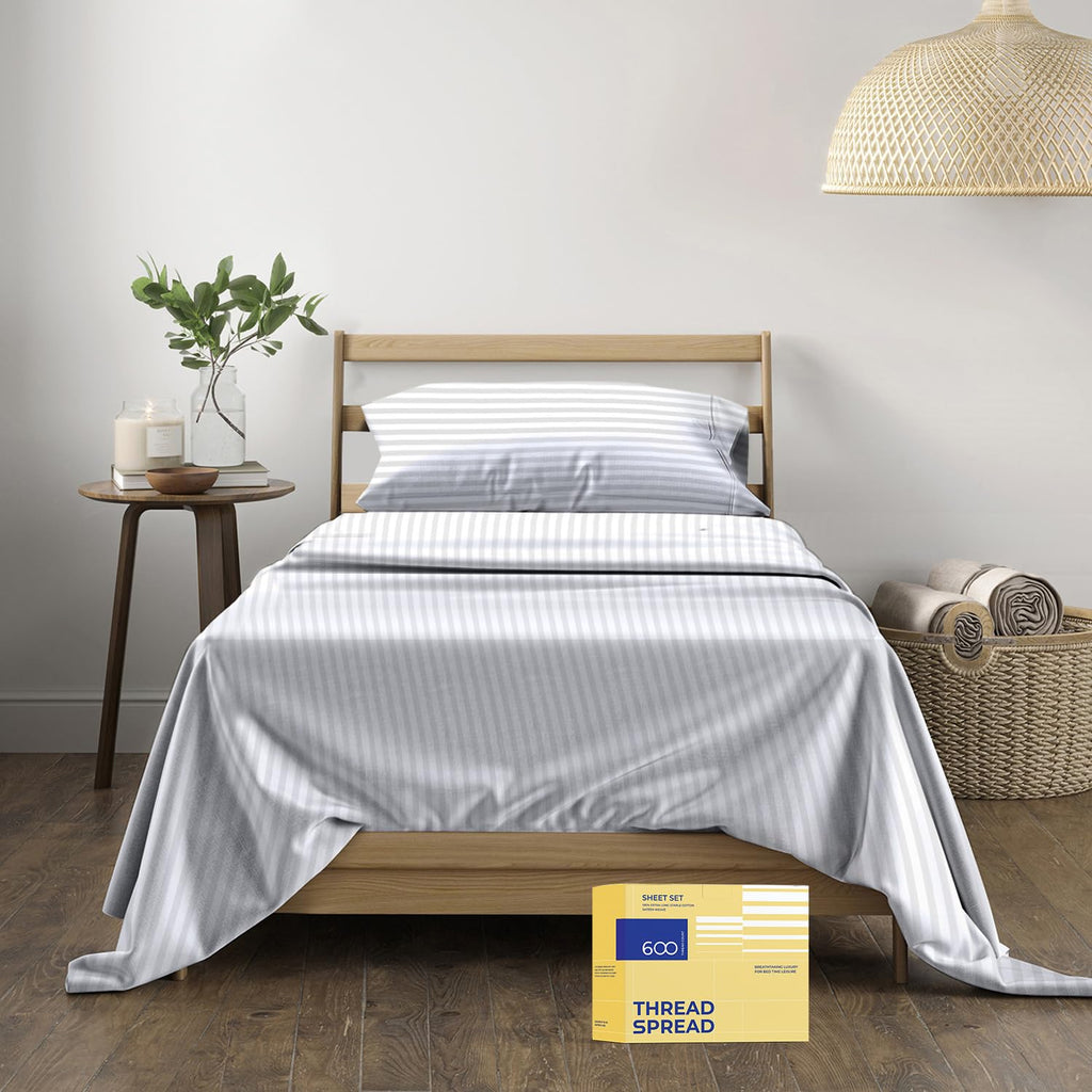 Thread Spread Luxury Egyptian Cotton Twin Stripe Sheet Set - 600 Thread Count Extra Long Staple 3 Pc Set, Twin White Damask Shee