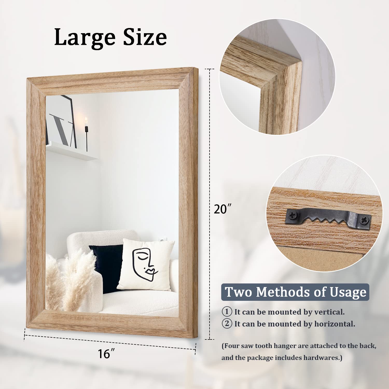 Aazzkang Rustic Mirrors For Wall 20''X16'' Rectangle Wood Frame Mirror Farmhouse Bedroom Bathroom Decorative Hanging Mirror