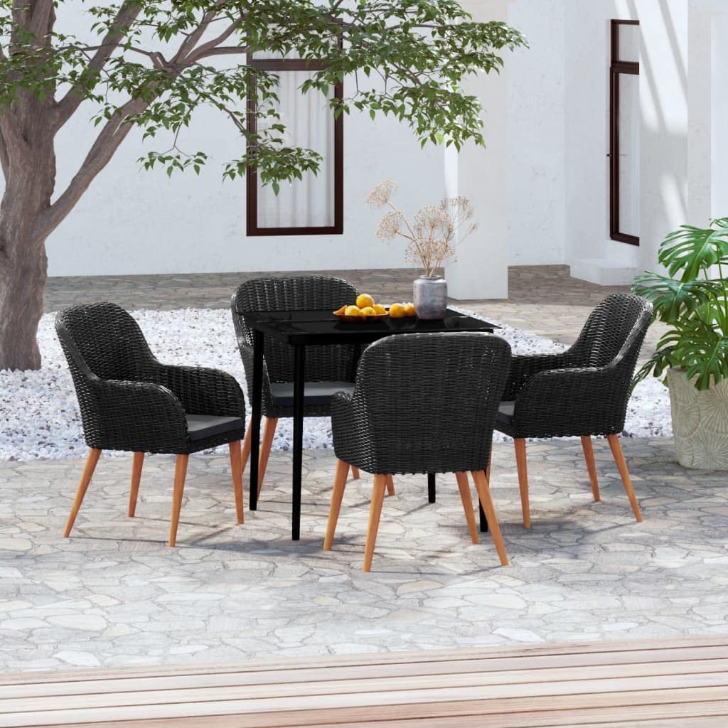 vidaXL 5-Piece Outdoor Patio Dining Set with Cushions, Poly Rattan and Powder-Coated Steel Construction, Easy Assembly, Black
