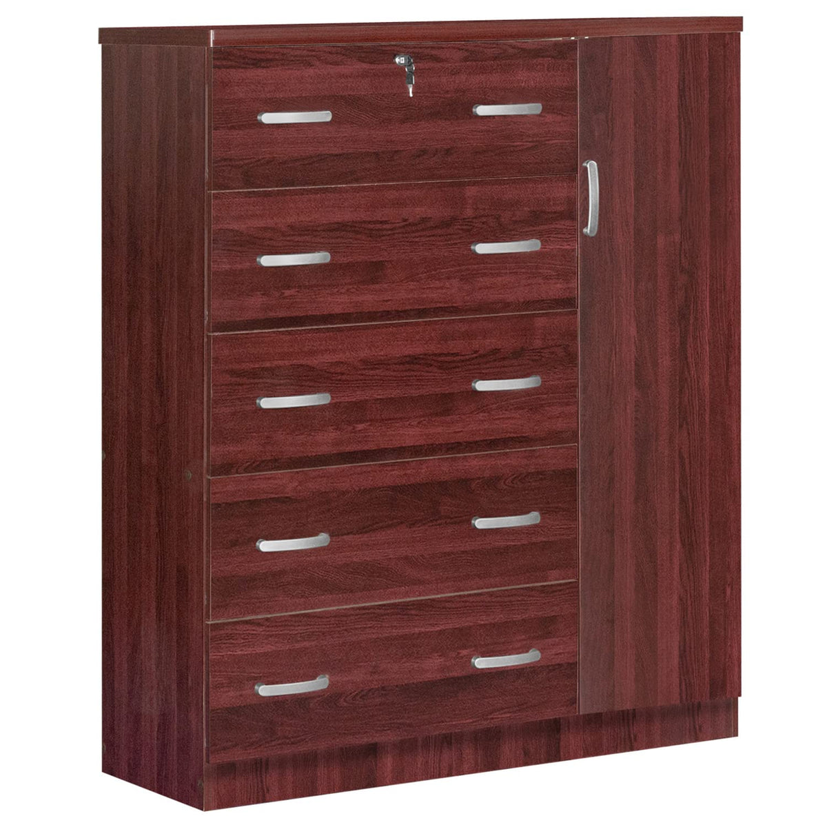 Better Home Products JCF Sofie 5 Drawer Wooden Tall Chest Wardrobe in Mahogany