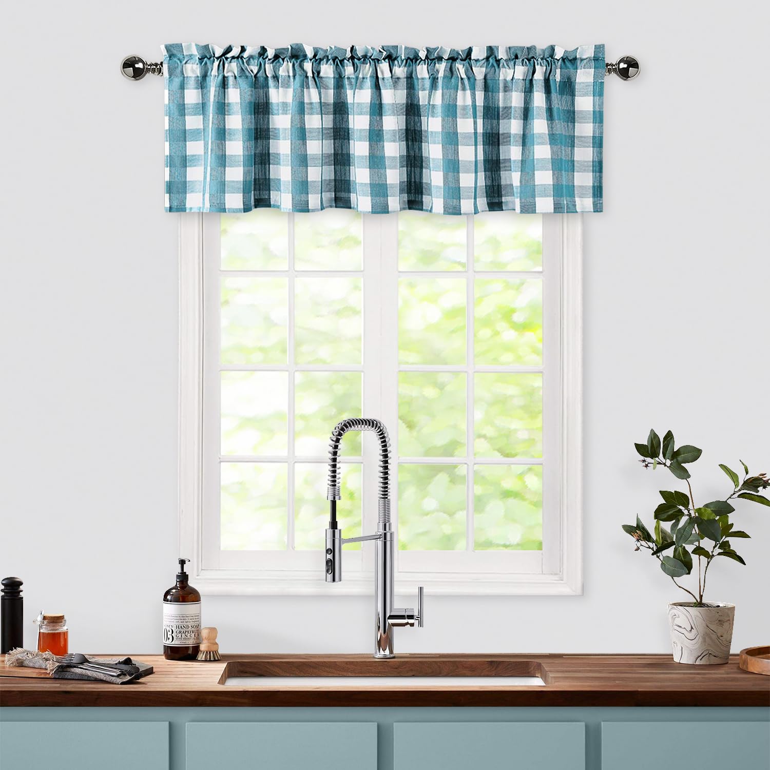 Teal Dark Blue Buffalo Check Valance Curtains for Kitchen, Plaid Gingham Farmhouse Thick Yarn Dyed Fabric Rod Pocket Valance Cur