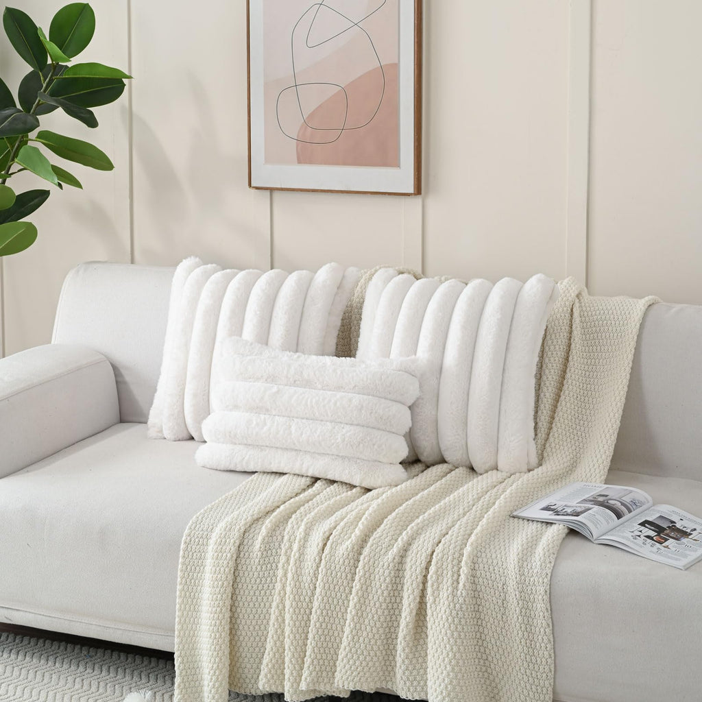 Futei Cream White Decorative Throw Pillow Covers 24X24 Inch Set Of 2, Square Soft Faux Rabbit Fur Big Striped Pillow Sham,Home D