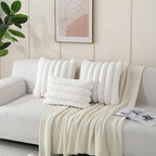 Futei Cream White Decorative Throw Pillow Covers 24X24 Inch Set Of 2, Square Soft Faux Rabbit Fur Big Striped Pillow Sham,Home D