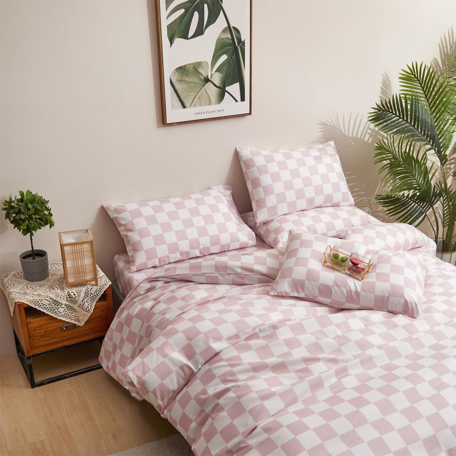 Clothknow Pink White Plaid Twin Comforter Set 3Pcs Grid Bedding Comforter Sets Blush Comforters Soft Checker Pink Comforter And 2 X Pillowcases