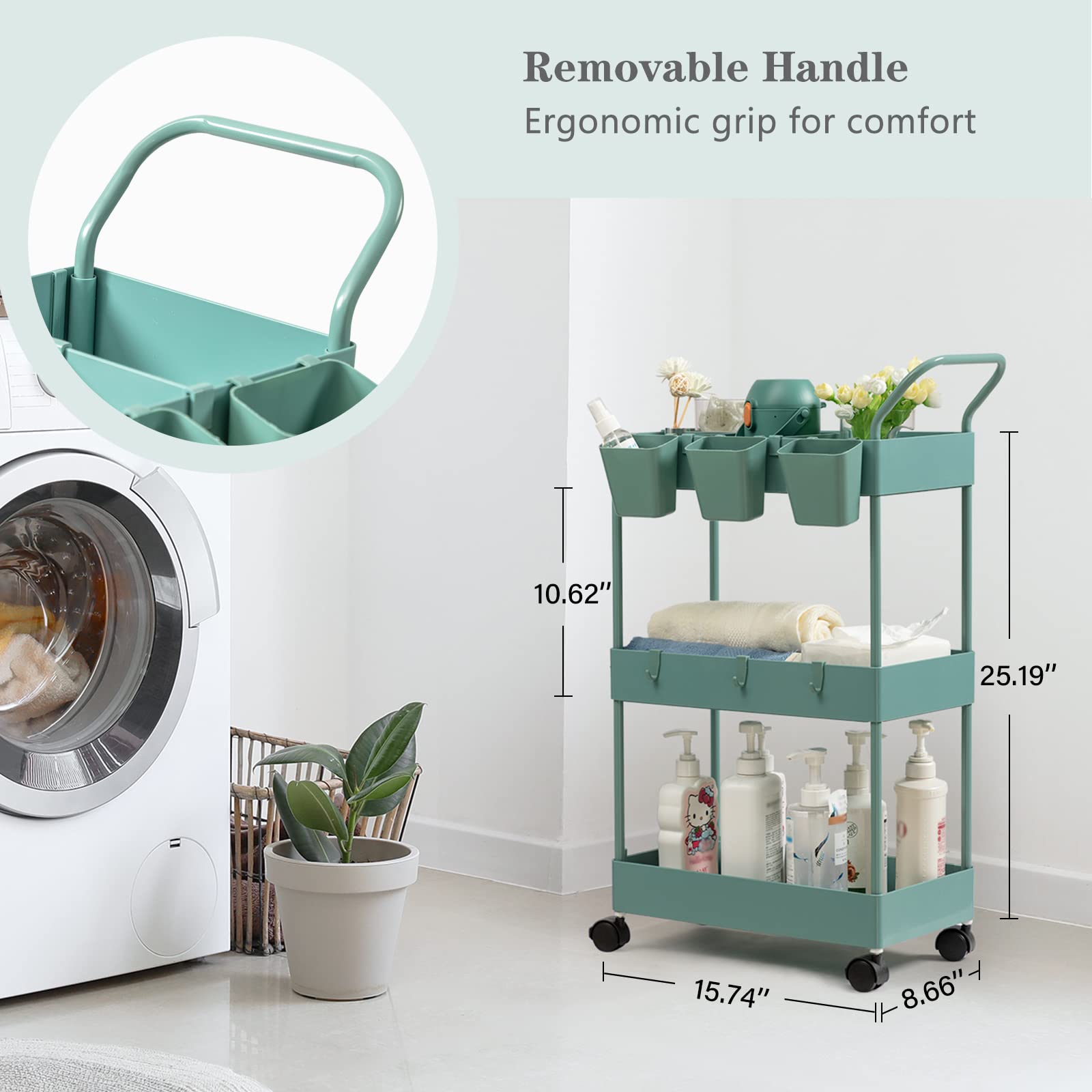 Danpinera 3 Tier Bathroom Cart Organizer - Slim Laundry Cart With Wheels, Dividers, Hanging Cups, Hooks, Easy Assembly, Green
