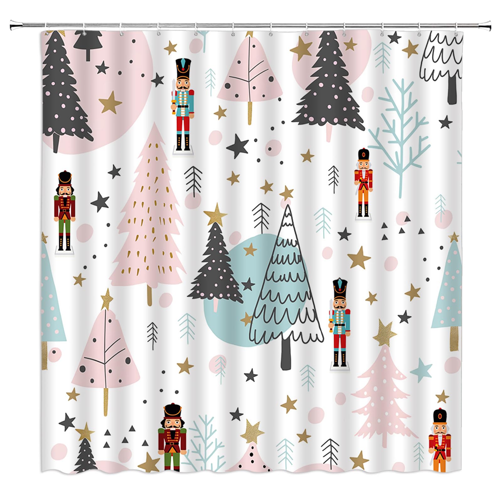 GCTNBJL Christmas Tree Shower Curtain Pink Blue Tree Nutcracker Snowflake Star Pine Forest Winter Xmas Holiday Festival Bathroom
