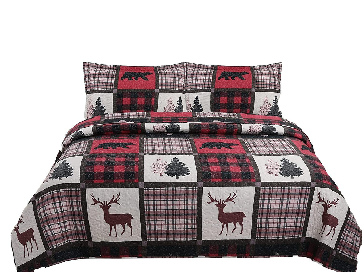 Sazana Quilt Plaid Printed Bedding 3 Piece Cottage Lodge Quilt Set (Red Reindeer, Twin)