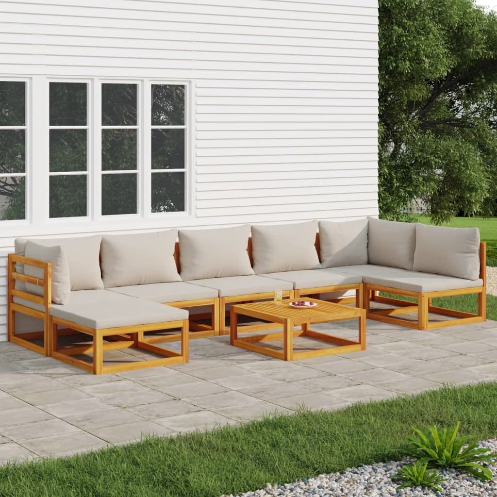 vidaXL 8-Piece Patio Furniture Set - Solid Acacia Wood, Light Gray Cushions, Modular 27.8"x26.8" Sofas, 26.8"x26.8"x11.4" Table