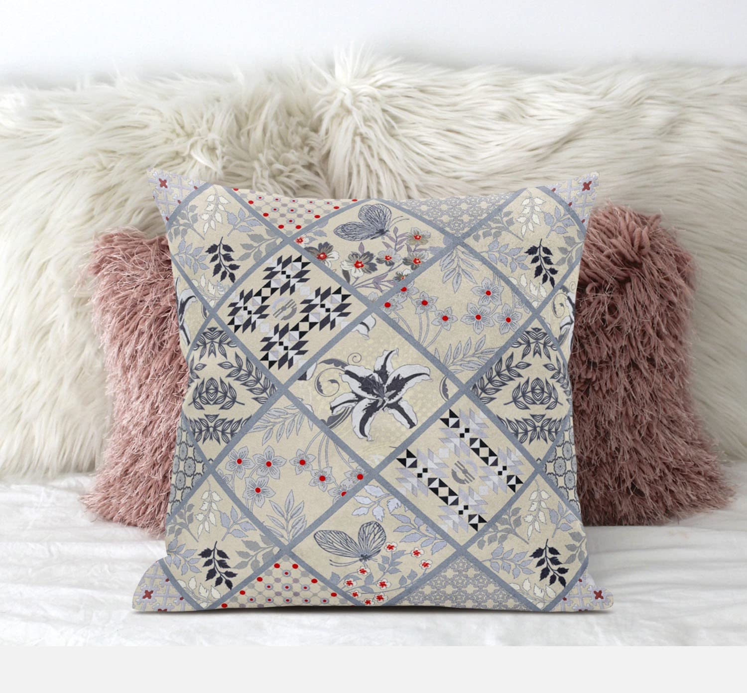 HomeRoots Dark Green Peach 16â€ Cream Gray Patch Suede Zippered Throw Pillow