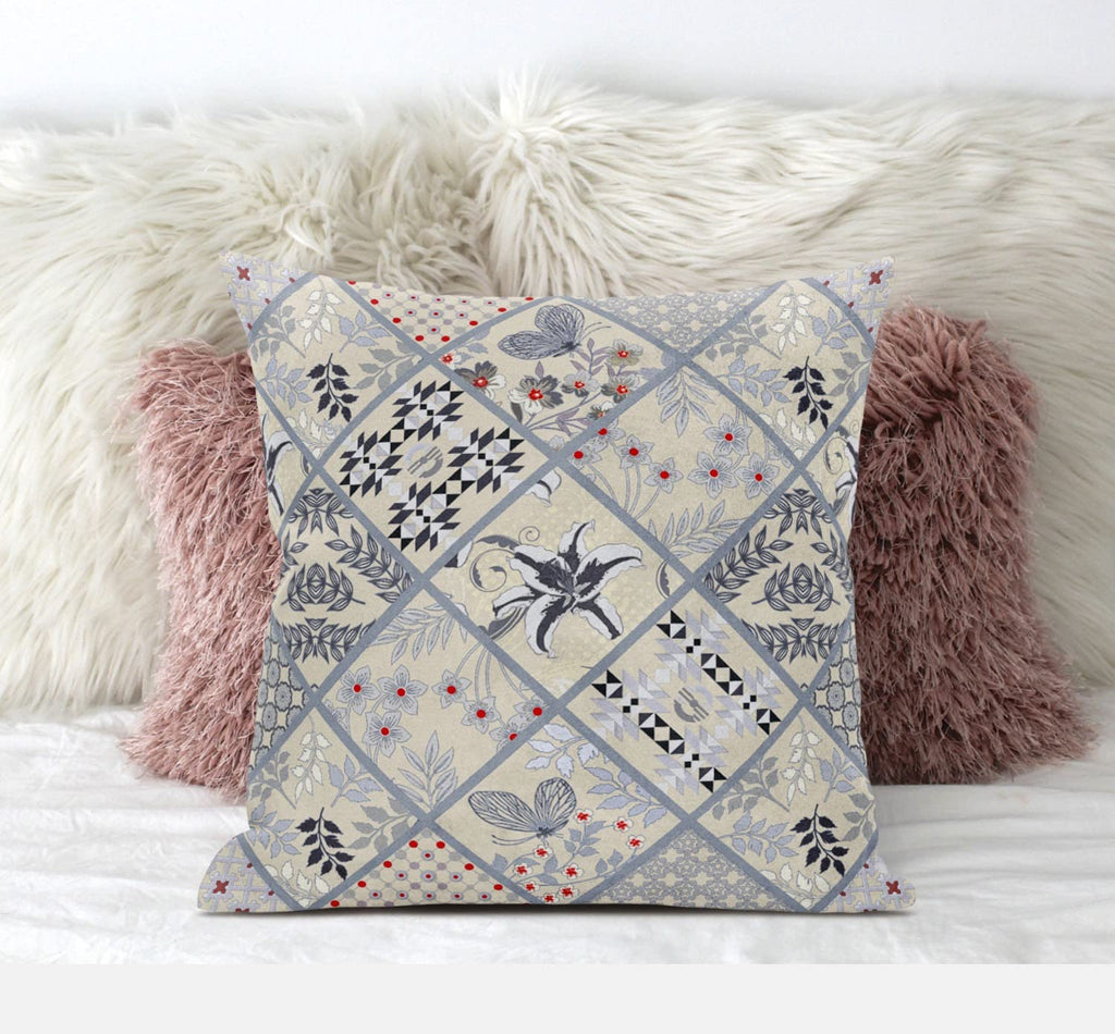 HomeRoots Dark Green Peach 18â€ Cream Gray Patch Suede Zippered Throw Pillow