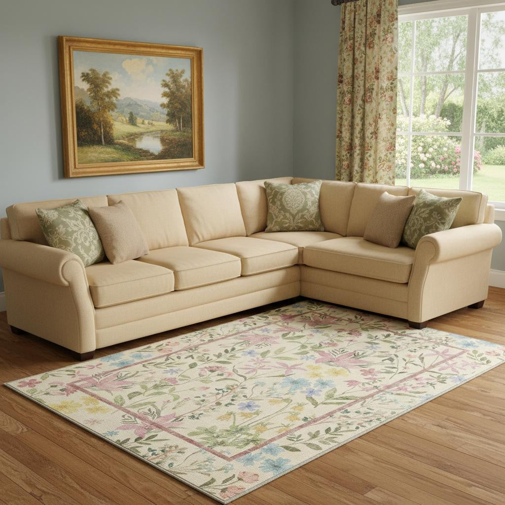 9 X 12 Green Ivory And Pink Floral Washable Area Rug