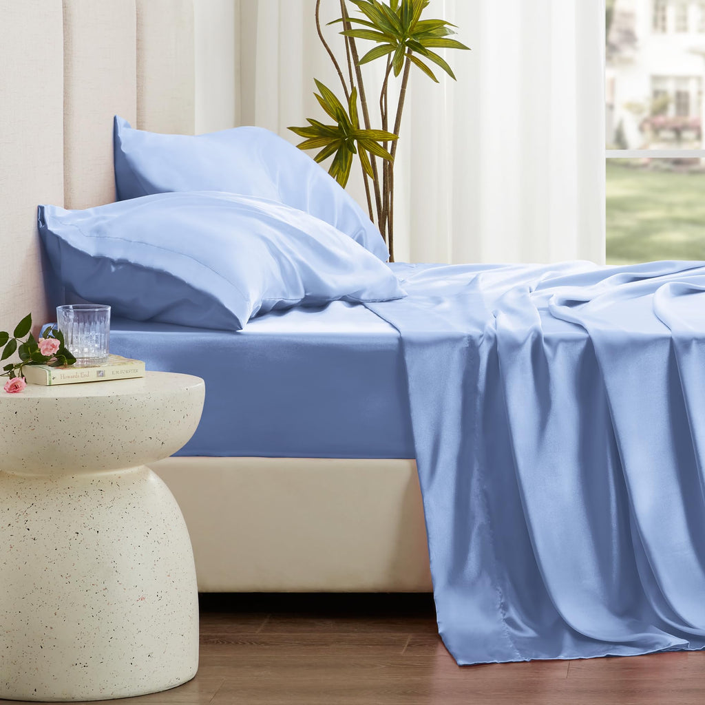 Love'S Cabin Satin Queen Sheets Set - 4 Piece Sky Blue Silky Satin Bed Sheets Queen Set With Deep Pocket, Luxury Silk Feel Satin Queen Size Sheet Set (1 Flat Sheet,1 Fitted Sheet,2 Pillow Cases)