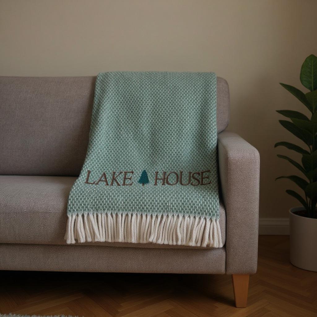 55 X 70 Sage And White Cotton Blend Lake House Embroidered Throw Blanket with Fringe