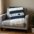 55 X 70 Navy Blue And White Stripe Cotton Beach House Embroidered Throw Blanket with Fringe
