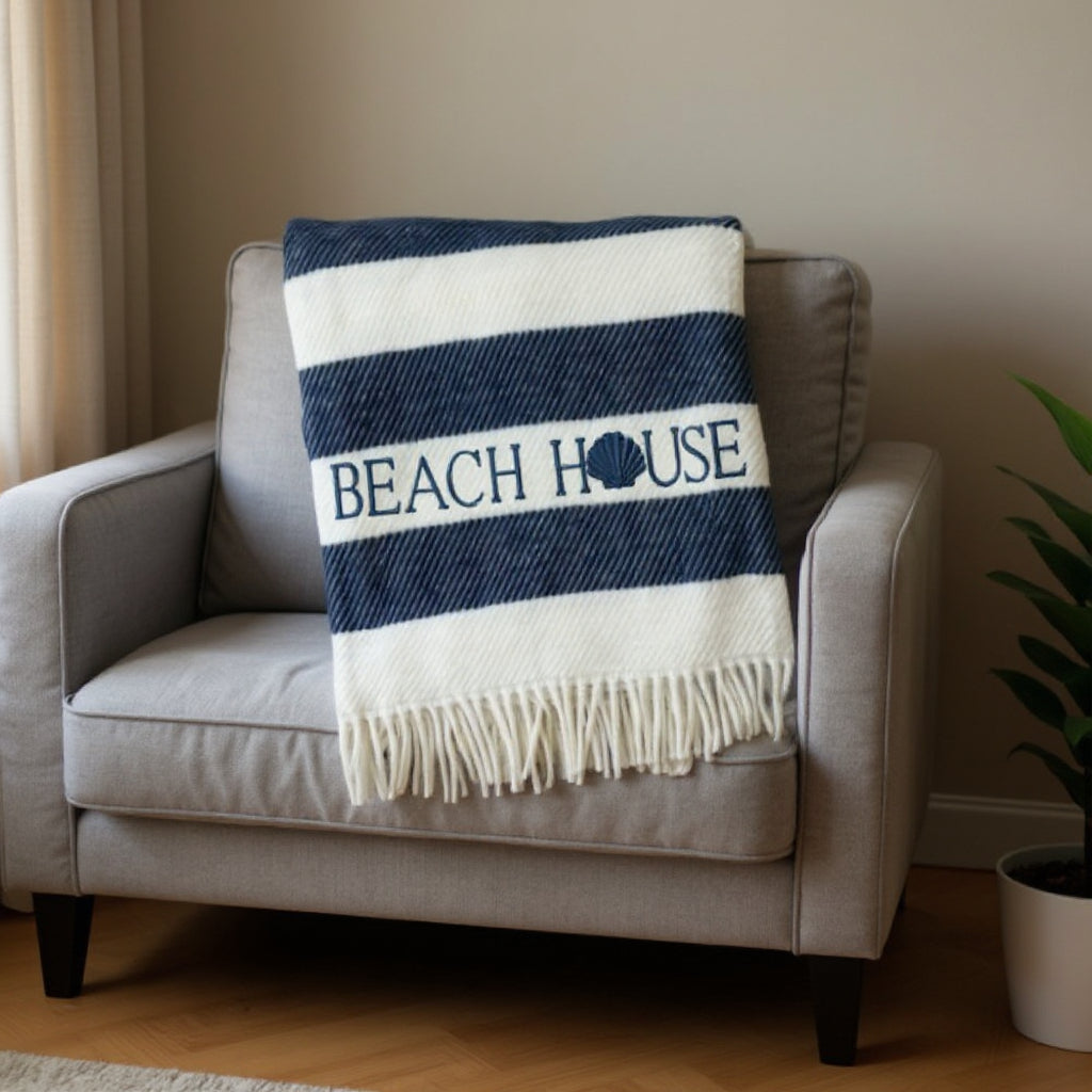 55 X 70 Navy Blue And White Stripe Cotton Beach House Embroidered Throw Blanket with Fringe