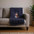 55 X 70 Navy BlueCotton Blend Woven Snowman Embroidered Throw Blanket with Fringe